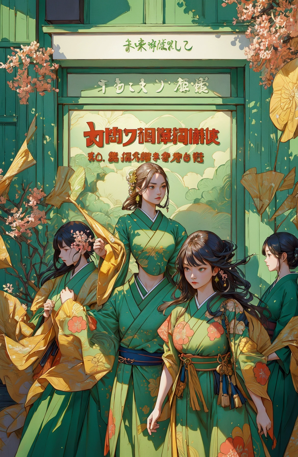 group of people in green dress standing in front of a store, movie announcement Japanese style excitement, realistic,