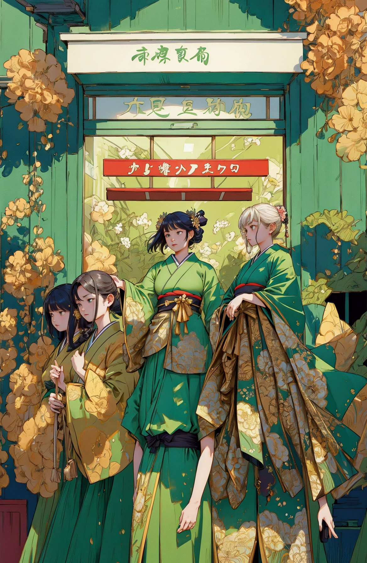 group of people in green dress standing in front of a store, movie announcement Japanese style excitement, realistic,