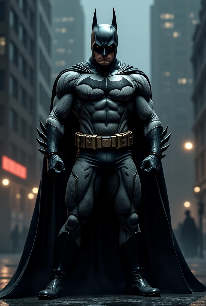 a dark knight, batman, superhero, muscular male figure, wearing black and gray costume, cape, mask, utility belt, night city skyline, moody lighting, dramatic shadows, cinematic atmosphere, digital art, concept art, highly detailed, photorealistic, 8k, HDR, sharp focus, cinematic lighting, gritty, urban, dark, brooding, powerful, heroic