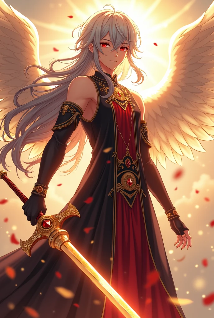 4K quality
A realistic angel god anime boy wearing a beautiful red black and white dress.
His hair colour is white and black mixed
This pic is looking from some distance
And he has angel wings and his eye colour is red and the number of the wings is 4
he has angels sword in her hand and he is standing with his sowrd in his hand . The sword has magical power . With a beautiful background.
And the picture has some golden colour effect.
And lastly he has wearing his God dress
His hair is so beautiful. His hair is long