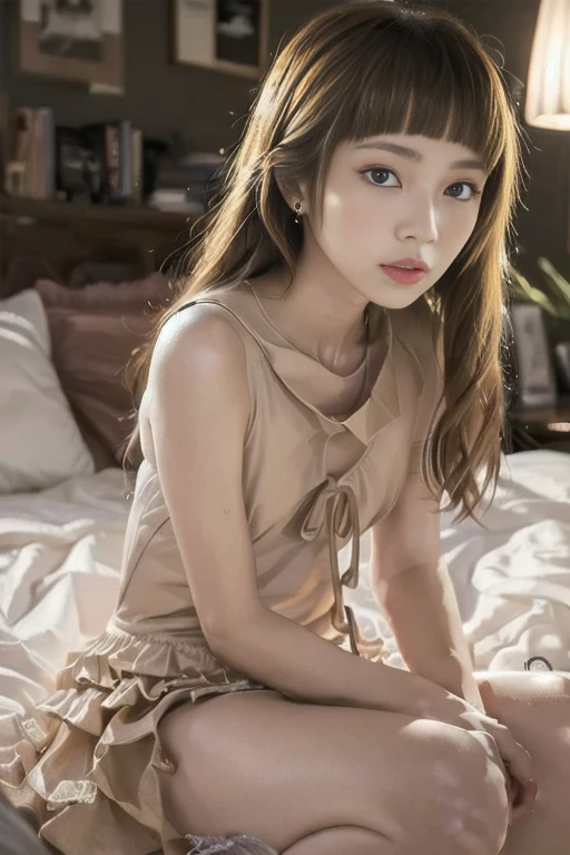 raw photo, 8k, (top-quality), Realistic, (real picture, Intricate details), (natural skin texture, detailed skin, hyper realism, sharpness), (Japanese teenage girl sitting on small bed in a old hotel at night, hands between leg), ((towel wrapped on naked, naked towel)), (((flat chast:1.5))), (slender body, pale skin:1.2), ((wavy hair, blunt bangs)), (baby face, provocative look, Parted lips:1.3, eye bag:1.3, red thick lips, under eye circle), thighs, night time, red wallpaper, hard lighting:1.3, full body shot