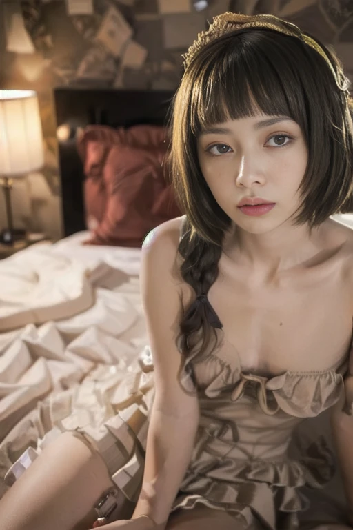 raw photo, 8k, (top-quality), Realistic, (real picture, Intricate details), (natural skin texture, detailed skin, hyper realism, sharpness), (Japanese teenage girl sitting on small bed in a old hotel at night, hands between leg), ((towel wrapped on naked, naked towel)), (((flat chast:1.5))), (slender body, pale skin:1.2), ((wavy hair, blunt bangs)), (baby face, provocative look, Parted lips:1.3, eye bag:1.3, red thick lips, under eye circle), thighs, night time, red wallpaper, hard lighting:1.3, full body shot