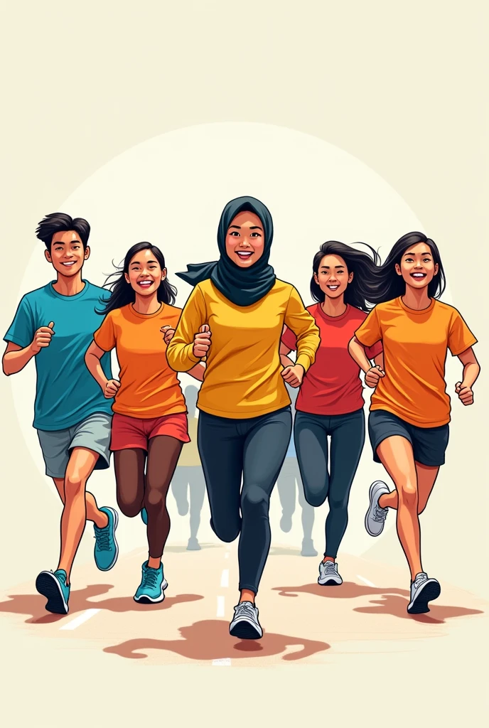 Create an illustration of people running for an event. Title of the backdrop is ‘mental health run’. Main colors are blue and purple. Save the middle space for logo. Asian people in the illustration. Make it a bit more cartoonish. Change the color of the shirt to more colorful.
Do not include the logo. The scenery change to a simple background. Include a muslim woman in hijab. Make the background simple. Change it to drawing style