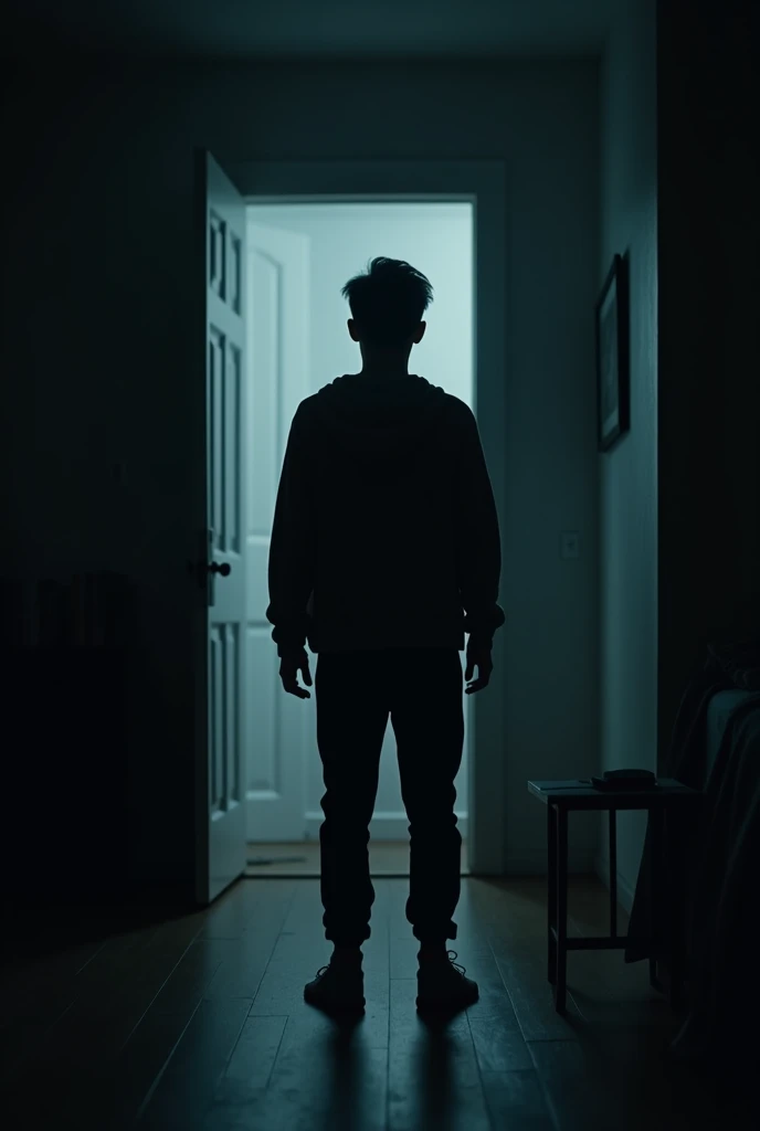 Young and cautious man standing up in front of  a dark living room door, nightmare 