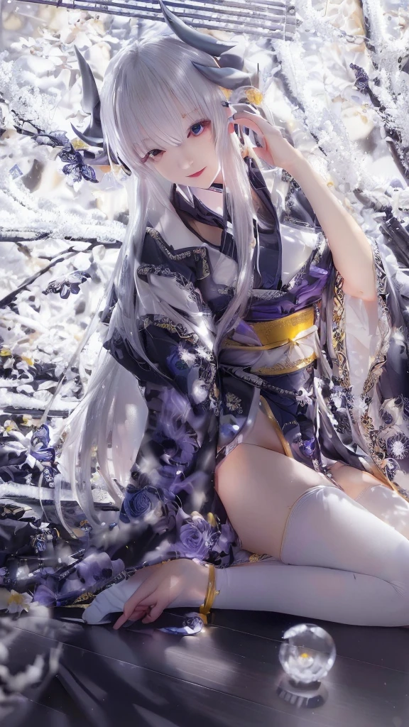 kiyohime, white stocking, white tight high, kimono, long hair, white hair, ((yellow eyes)), fate grand order, white skin, cosplayer, 4k, HD, portrait, horns, dragon horns, black horns, 