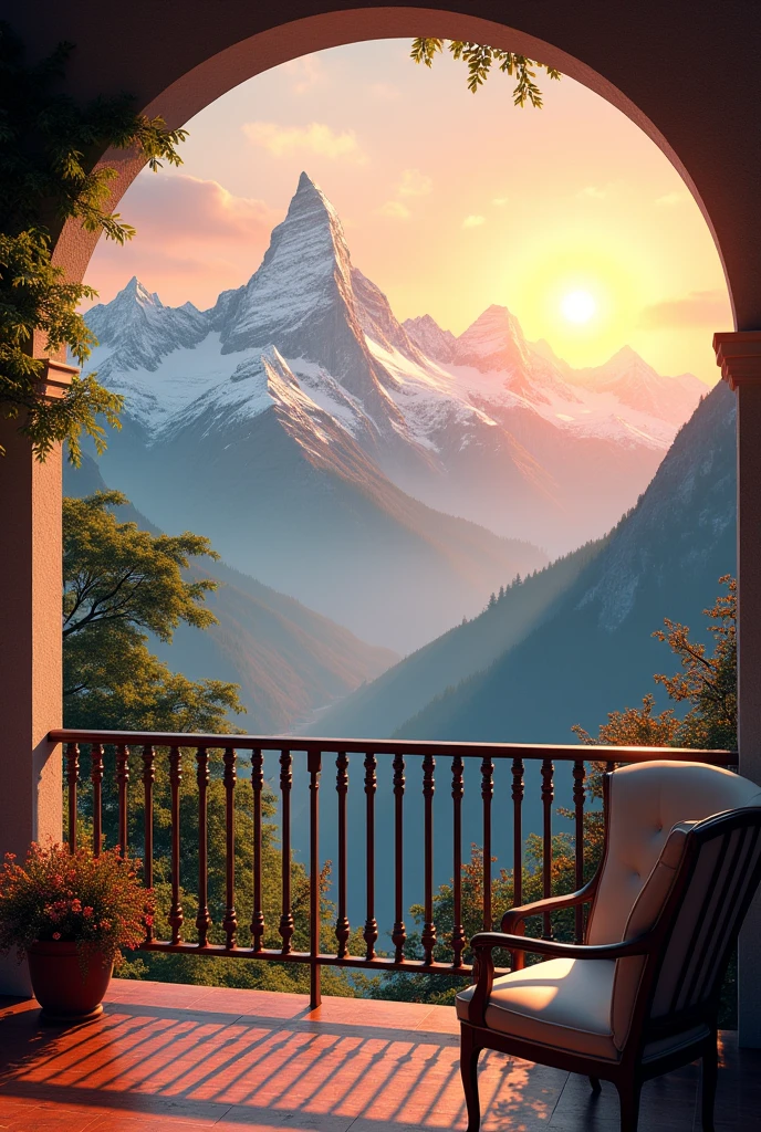 Beautiful balcony view of sunrise mountain
hyperreal