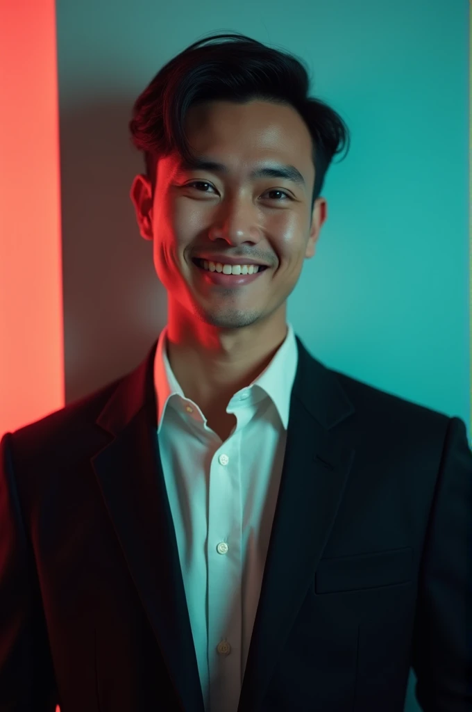 A young man with dark hair and a confident smile. He is dressed in a black blazer over a white shirt. The man is positioned against aqua colour backdrop with a subtle red lighting on the left side. and he posing for Linkedin profile