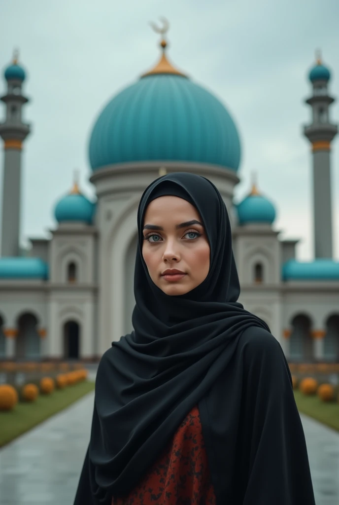 an indonesian woman in black hijab, standing in front of an indonesian mosque with blue eyes, with a natural and timeless beauty style, 32k uhd, eye-catching details, voigtlander bessa r2m, light orange and gray, alluring lighting