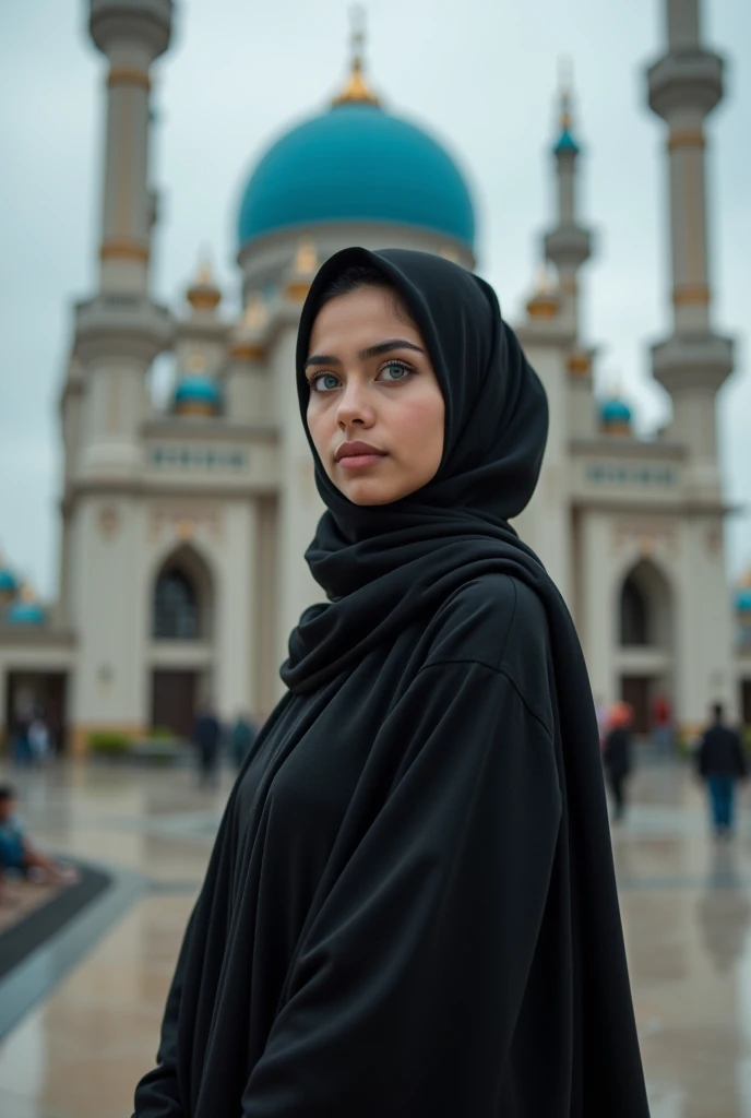 an indonesian woman in black hijab, standing in front of an indonesian mosque with blue eyes, with a natural and timeless beauty style, 32k uhd, eye-catching details, voigtlander bessa r2m, light orange and gray, alluring lighting