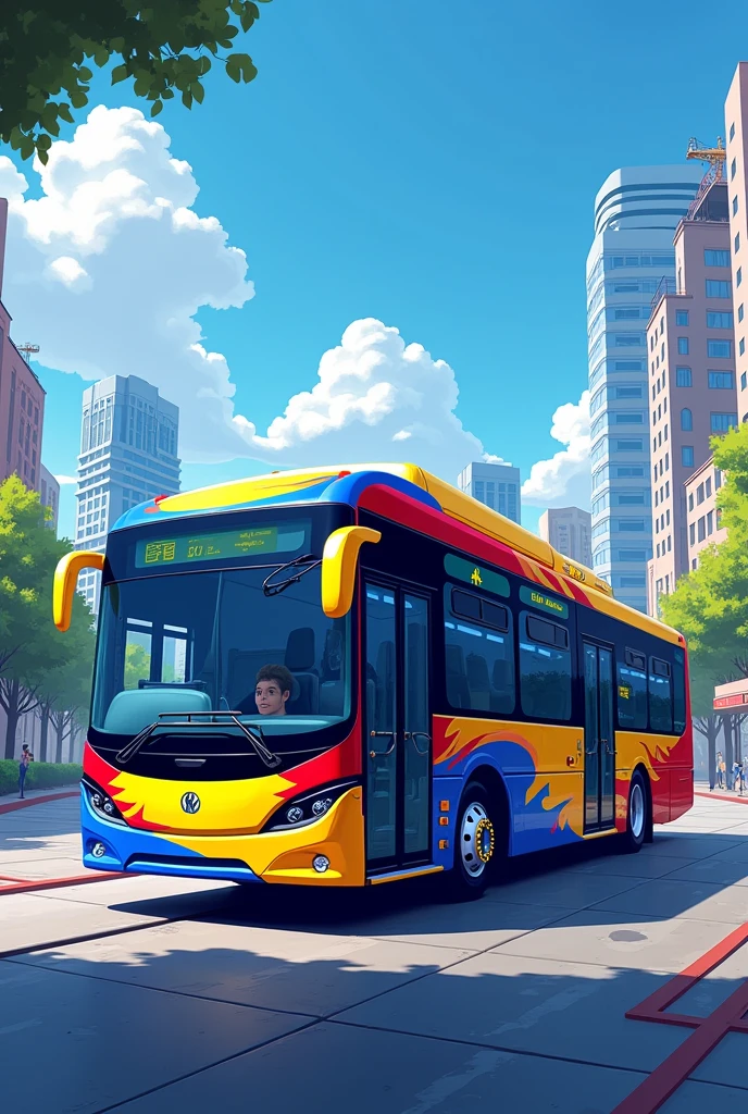 Create a bus livery with a color of blue , yellow and red