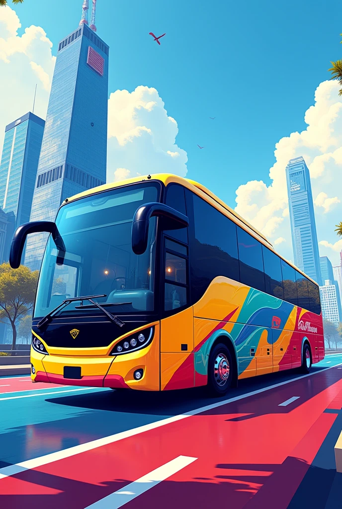 Create a bus livery with a color of blue , yellow and red