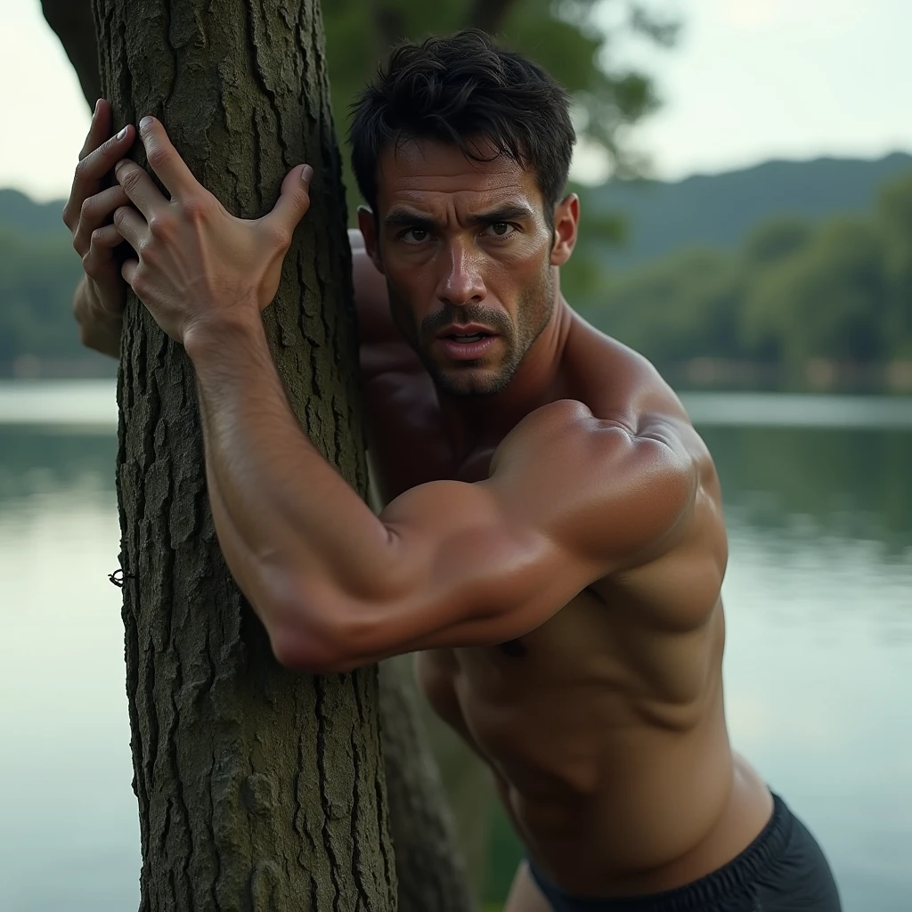 A white man, 37 years old, model type, with short dark hair, with clear eyes, wearing a full shirt and boxers, clinging to a tree. Background is a lake in Alentejo.
