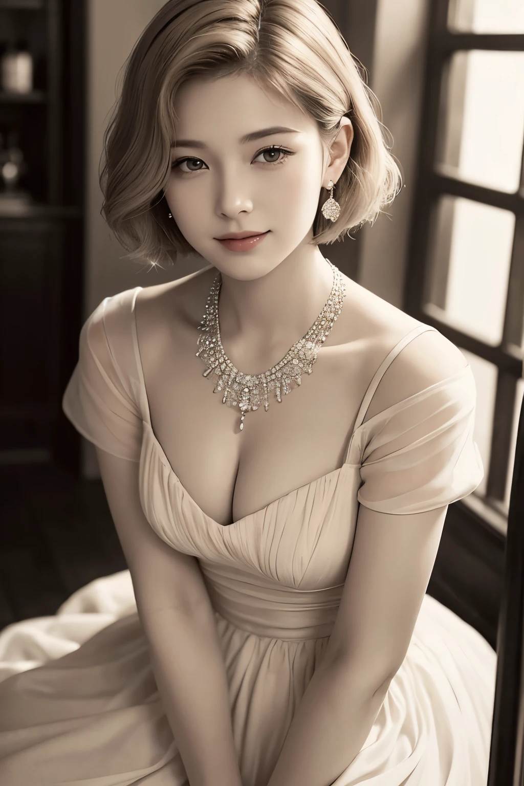 Low quality, noisy film photo、Sepia-tinted monochrome image quality、A woman in the style of a Hollywood star from the 1950s、Classic short hair with light hair color、Old-fashioned earrings and necklaces、Small Bust、A Little Smile、A gorgeous, classic and soft dress、Waiting alone in the dressing room of the studio、