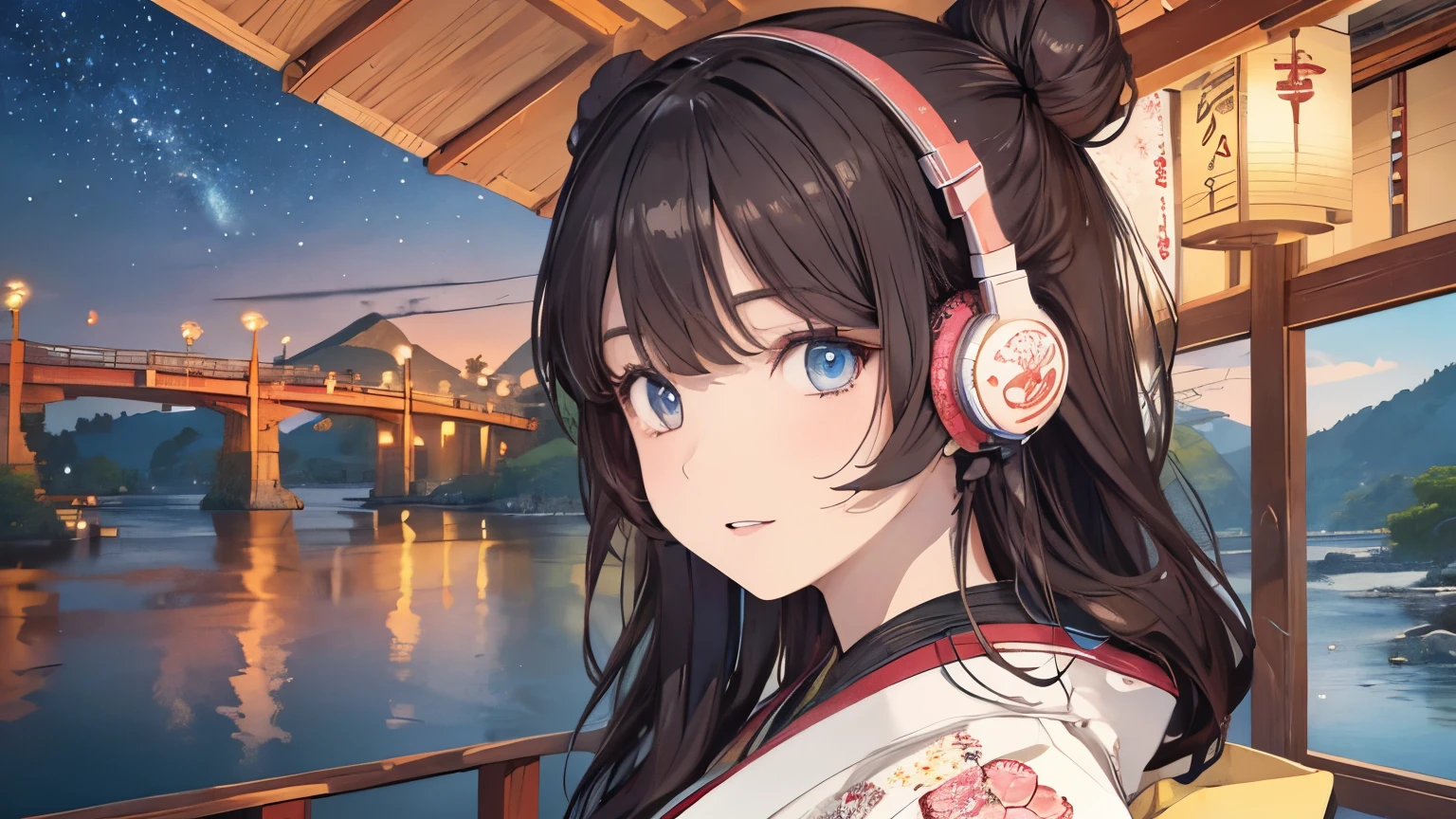 (Highest quality, 8k, masterpiece, High resolution), (whole body), Vibrant colors, ((headphones)), Brown-black bob, Traditional topknot, Ample breasts, (Highly detailed face and eyes, Beautiful Face, Beautiful Eyes, Beautiful nose, Pretty lips), Official Art, Ukiyo-e style, (Beautiful woman in kimono), (Vivid floral patterned kimono), background, river, bridge, Mountain, wood, Starry Sky, moon, Detailed CG,