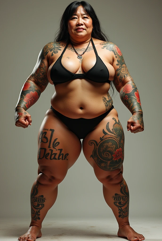 Asian Wrestler,,Dirty talk、Tattoo、Seeding press,Dirty talk Tattoo on body、Seeding press,50 years old,(masterpiece, Highest quality:1.2), One person, alone,Are standing_Split,Big Breasts,Mature Woman、Big Ass,Armpit hair、
,Muscular、Big Breasts,Micro Bikini