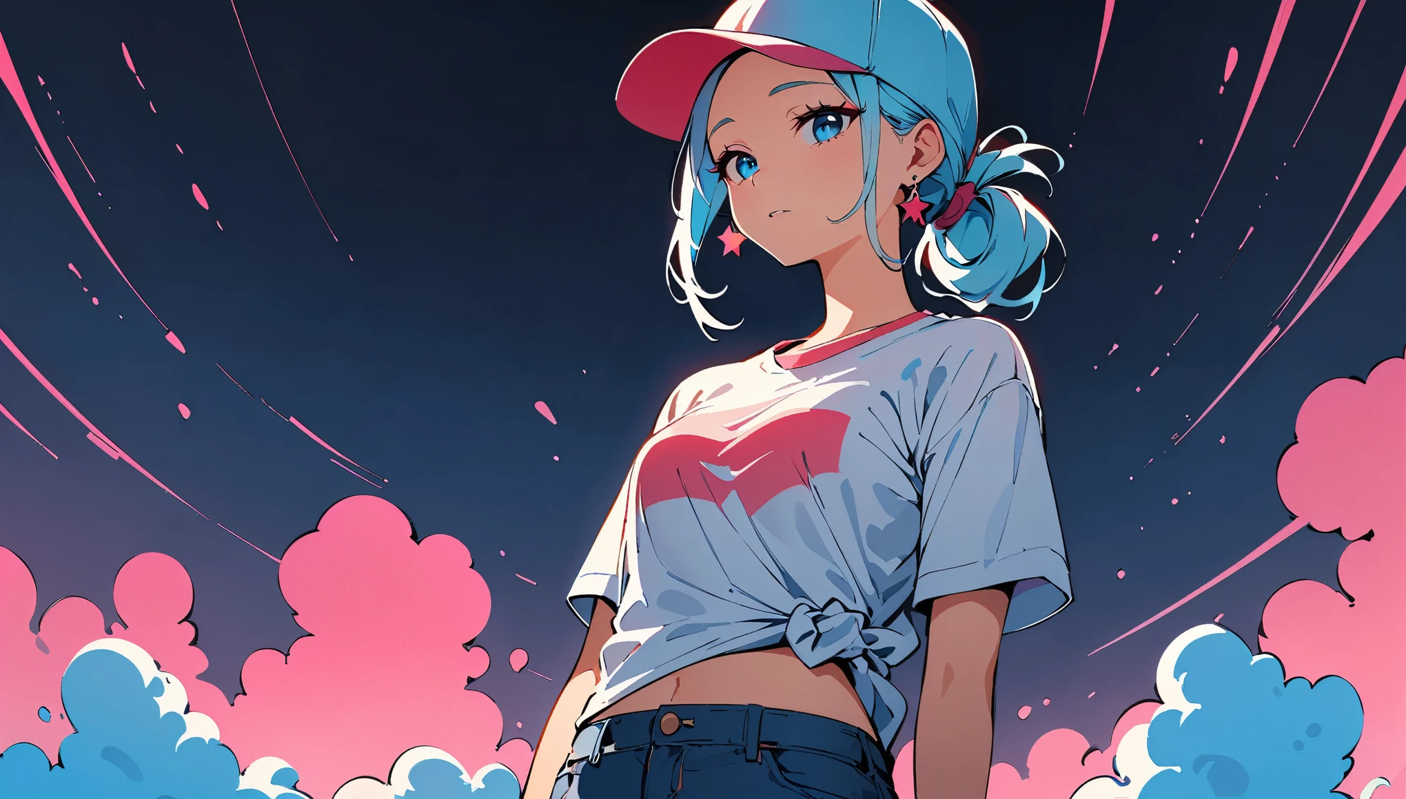 (high quality, 8k, 4K, High Contrast, masterpiece:1.2, 最high quality, Best aesthetics), (Dynamic Angle), ((1 female teen)), ((Plain and bright background)), ((Flat Color)),(Plain white T-shirt on the upper body), (jeans), Looking at the audience, Upper Body, Transparent Background, Sleepy eyes, High Contrast, Contrasting colors, Cowboy Shot, Pale pink and blue lighting, Long Hair, ((Tied Hair)) , Light blue hair, Small star-shaped earrings in both ears, Wearing a baseball cap, watch, bright eyeshadow, Cool look, Soap bubble, Small Tits, Her bra is slightly visible through her T-shirt , A body wet with rain