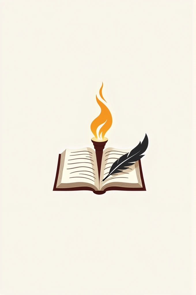 make a logo where an open page book has a drawing of torch and on the other page is quill and ink