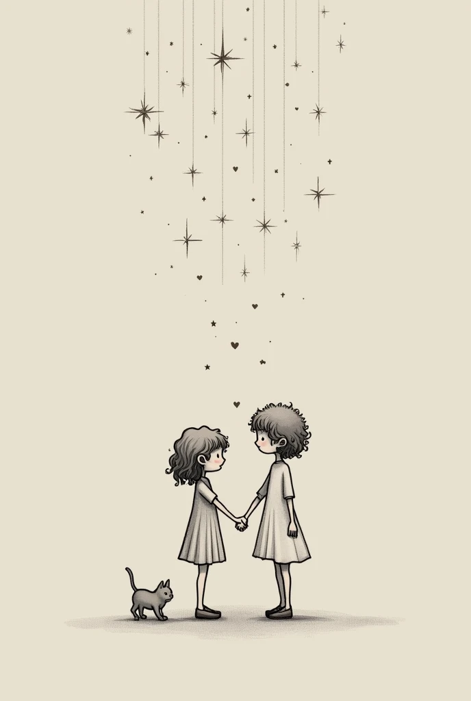 Create a tattoo in white and where in a minimalist style a  with curly hair appears holding hands with a little prince and next to him a small gray cat, with a starry sky , that has a spiritual context , that focuses on love and eternity