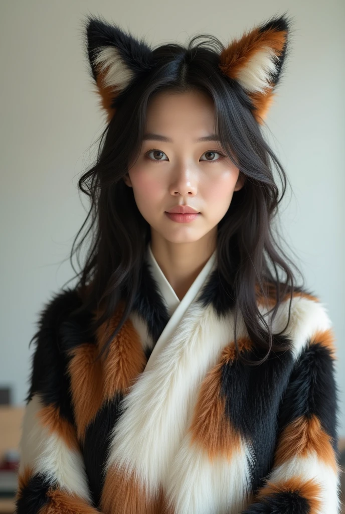 A beautiful middle aged Japanese woman wearing a cat costume with hoodies. The fur pattern should be that of calico cat: patches of white, black, and white. The costume doesn't have a cat face. It should show only above her chest. 