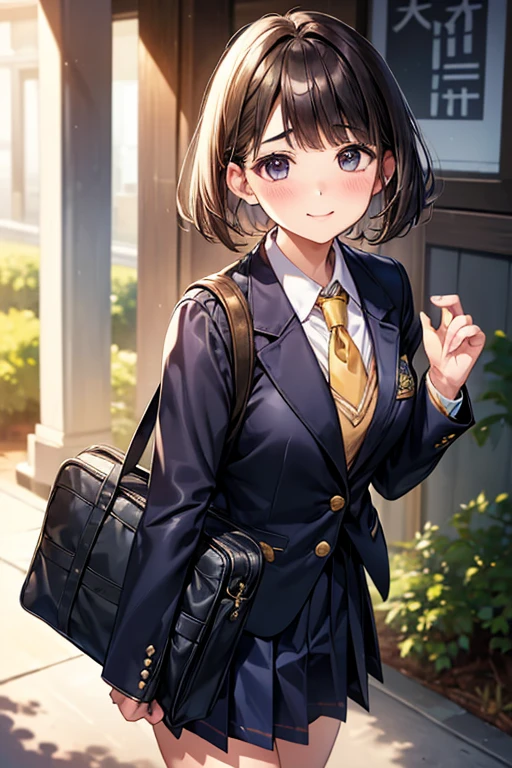 High-quality, ultra-realistic portraits、1 person、high school student、Japanese school uniform、Are standing、smile、looking at the camera、Detailed face、Smooth Skin、((Lightly pigmented hair color、Depending on the lighting it may look brown。Soft short bob。The bangs are cut short.。For thicker eyebrows、A small nose that turns up a little。 Always pink lips and cheeks、Just by slightly raising the corners of your mouth, you can create a cute dimple.。))、Natural Makeup、Outdoor Background、(custom school uniforms、A cleavage-enhancing white blouse with navy blue accents:1.3、Gold Button、Navy blue pleated skirt with white trim、Knee-length、Navy blue ribbon tie、white ankle socks、Black leather loafers、Navy blue blazer with gold school emblem on breast pocket)、Matching navy blue school bag with gold trim