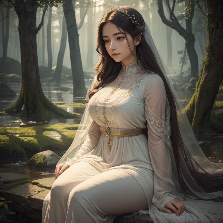 A beautiful young woman with thick thighs, wearing ethical and modest clothing, surrounded by an ethereal, mystical atmosphere, detailed portrait, high quality, photorealistic, 8k, intricate details, warm lighting, cinematic composition, muted color palette, dreamlike, serene, elegant, delicate features, porcelain skin, mesmerizing eyes, lush flowing hair, graceful posture, natural beauty, environmental portrait, peaceful ambiance, subtle fantasy elements