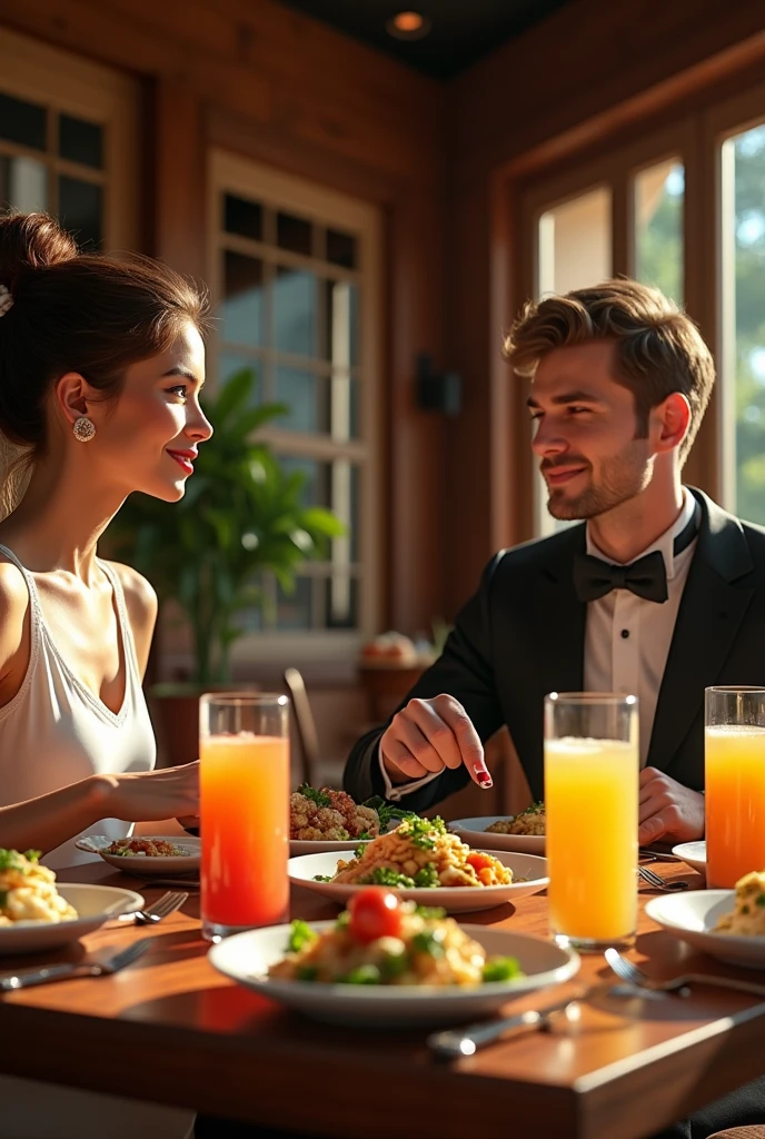 (Close-up of a better masterpiece:1.5)0.9], a classic restaurant, two individuals, a woman and a man are seen sitting at a dining table, in a restaurant, there is a background of a building made of wood... the dining table is full of food, and juice drinks