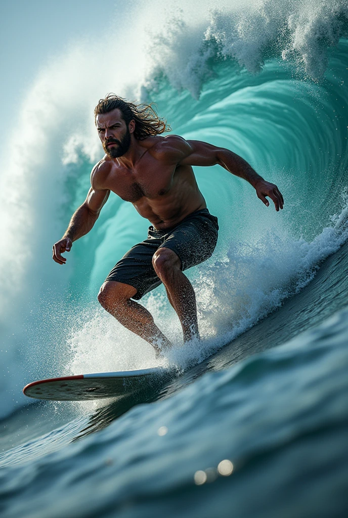 full body shot:1.4, A man with his surfboard surfing riding a big wave :1.5, ultra detailed, Extremely detailed face and eyes, Long hair blowing in the wind, wet skin, Ocean waves crashing, dramatic lighting, realist, cinematographic, dramatic, photorealistic, dynamic pose, Awesome, (Best Quality, 4k, 8k, High resolution, masterpiece:1.2), ultra detailed, (realist, photorealistic, photorealistic:1.37)