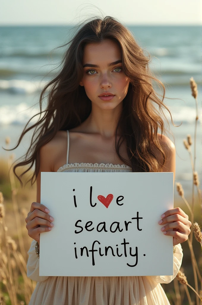 Beautiful girl with wavy long hair, bohemian dress, holding a white board with text "I Love Seaart Infinity" and showing it to the viewer