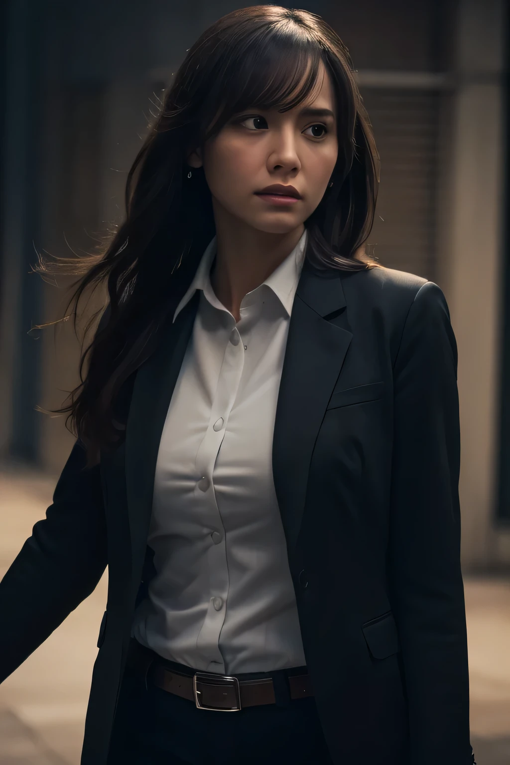 a woman in a suit, belt, hands behind back, sweating, suspenders, black jacket, black pants, sexy, large breasts, see-through clothing, rain, heavy rain, detective, office worker, white button-up shirt, (best quality,4k,8k,highres,masterpiece:1.2),ultra-detailed,(realistic,photorealistic,photo-realistic:1.37),hyper-detailed,highly detailed face and body, chiaroscuro lighting, dramatic moody lighting, vivid colors, corporate, professional, female protagonist, film noir, mystery, suspense