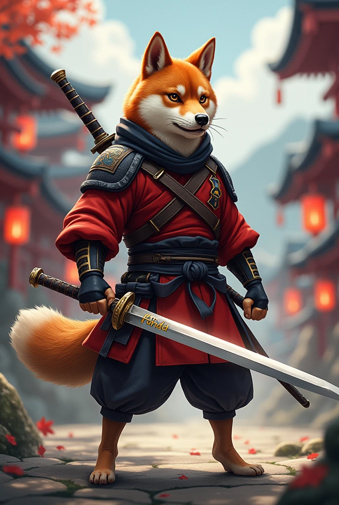 A Shiba Inu standing proudly in a traditional shinobi outfit, complete with a sword strapped to its back. The Shiba Inu is in a dynamic action pose, ready to leap into battle, with the name "Fanda" etched on the hilt of the sword. The background shows a traditional Japanese village with pagodas and lanterns glowing softly in the night.
