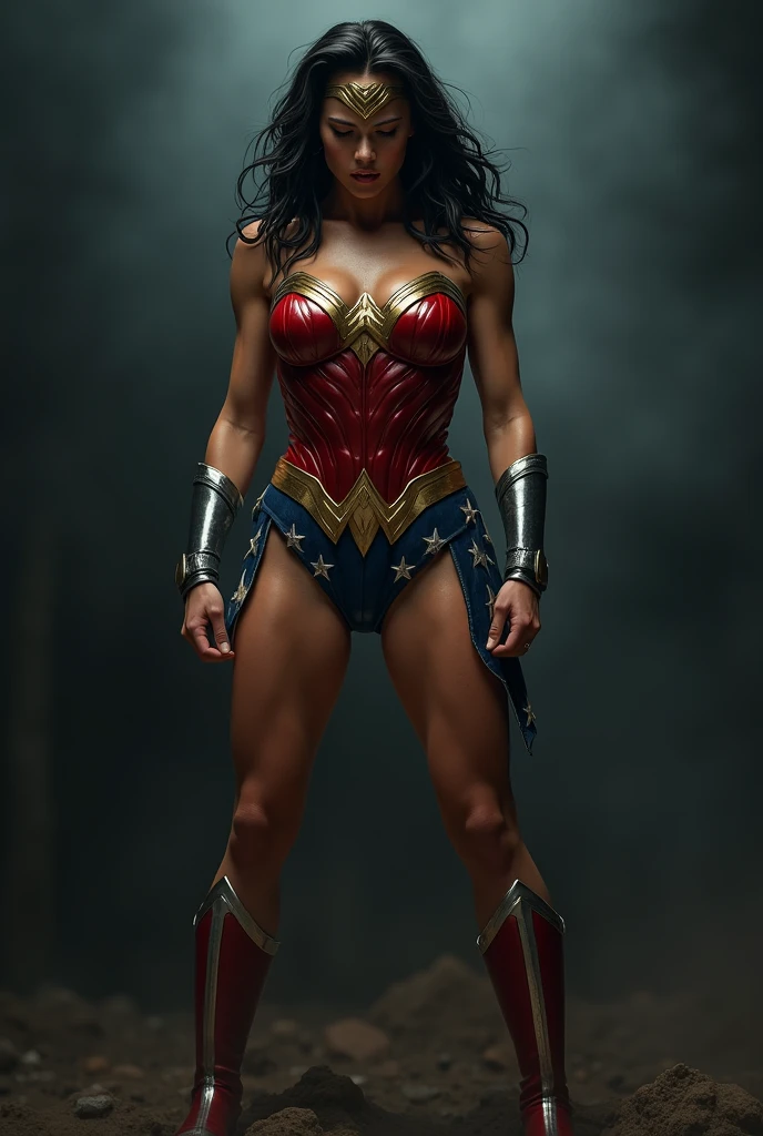 (((Make the most of the original image)))、(((Wonder Woman Costume)))、(((You must always close your eyes)))、(((Always a distressed look)))、(((lustrous dark hair)))、(((Must be hanged without fail)))、(((Feet must necessarily be worn with black tights)))、(((You need to wear red boots)))、((Top image quality、8K))、((top-quality、8K、​masterpiece:1.3))、Crisp focus:1.2、Beautiful woman with perfect body shape:1.4、Slender Abs:1.2、((layers-Cut、large boob:1.2))、a wet body:1.5、Highly detailed facial and skin texture、