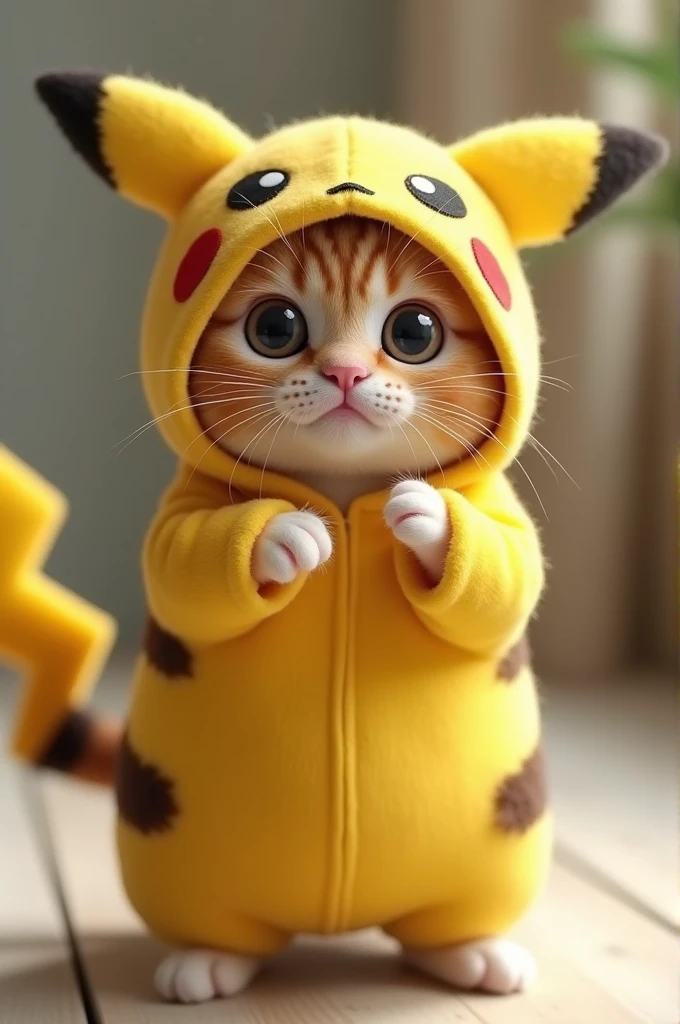 Photorealistic, 64K, A cute fat cat wearing a Pikachu costume, standing up, 