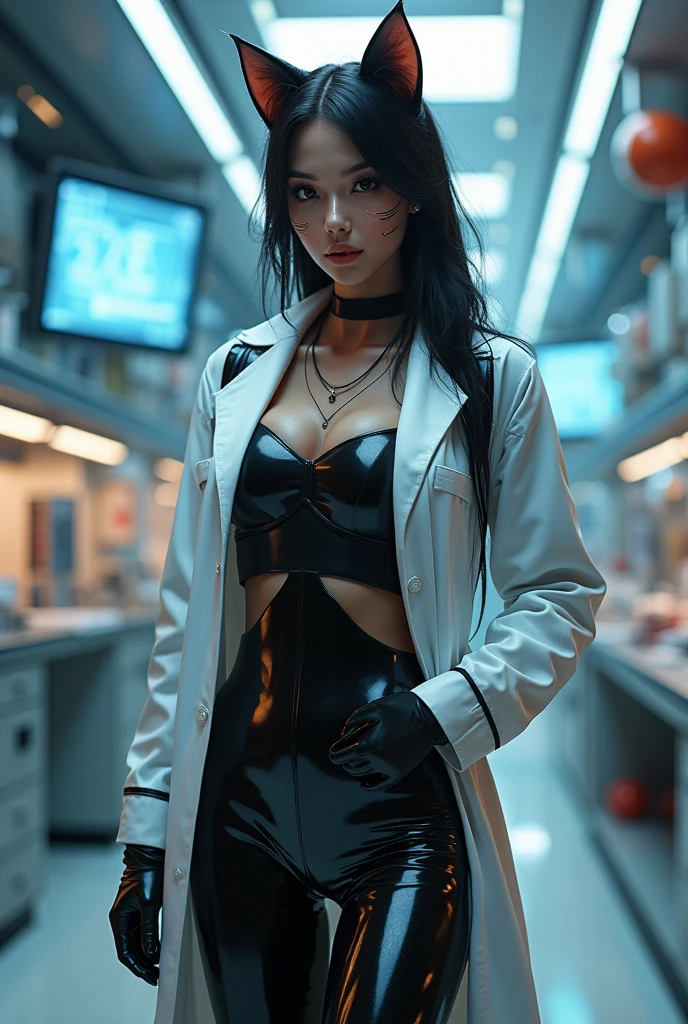cowboy shot of futuristic detective lady, cybernetic jaw, short white hair, glowing eyes, red lips, white shirt, unbuttoned, black pants, vest, holster, mechanical parts, prosthetic arm,