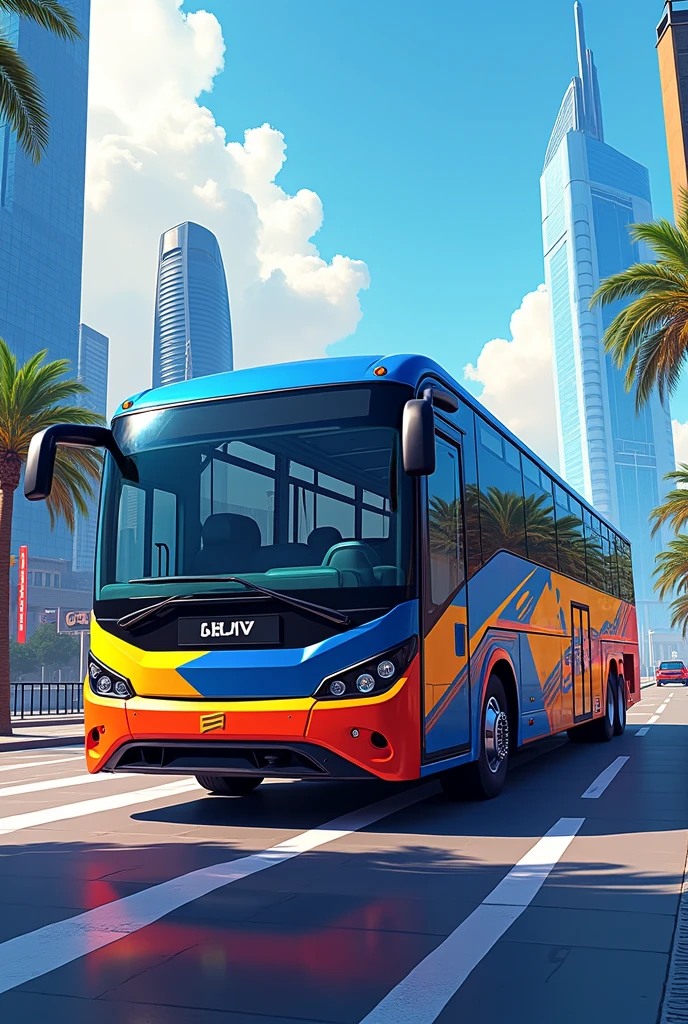 Create a bus livery with a color of blue , yellow and red