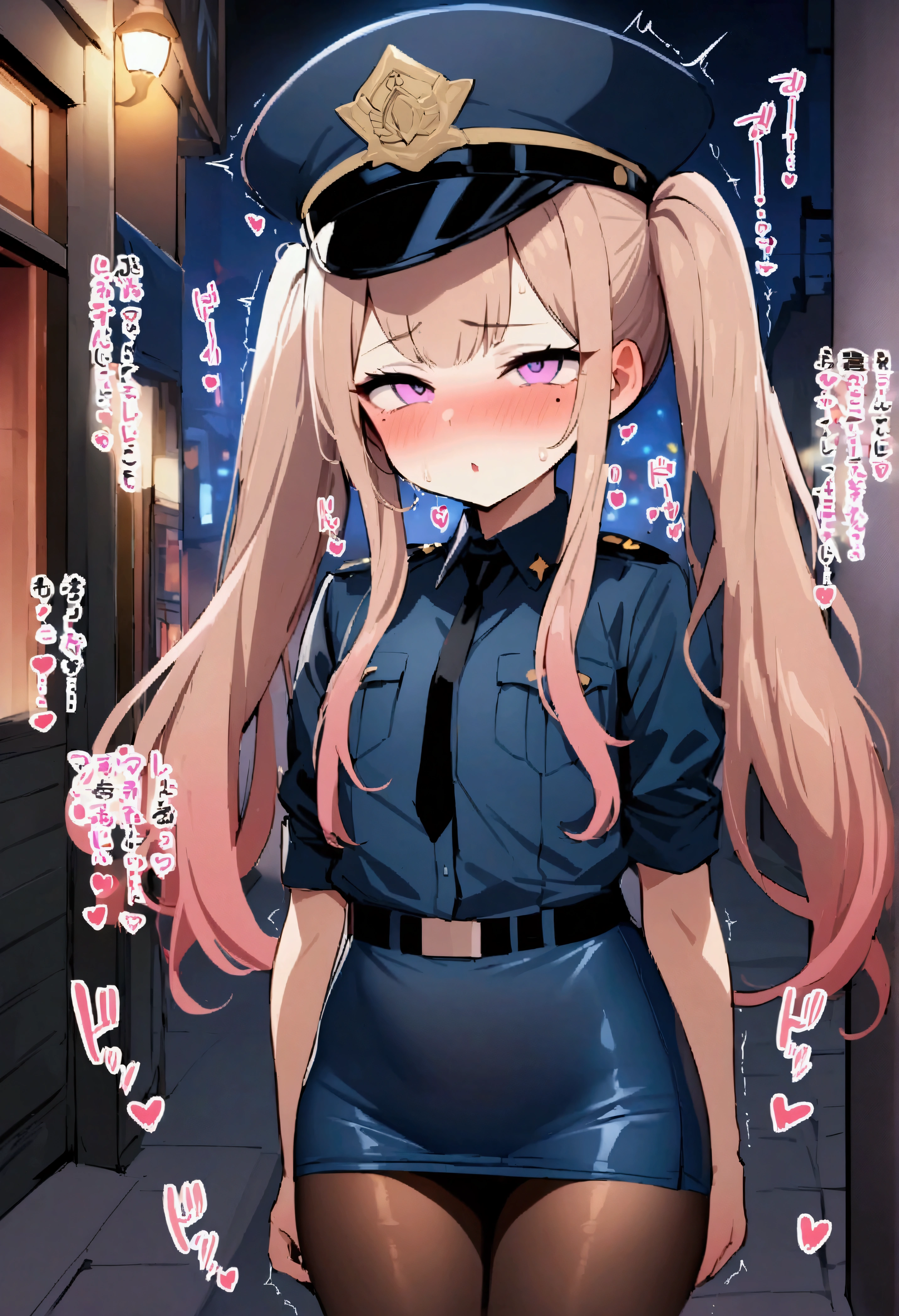 NSFW,masterpiece,Highest quality,High resolution,Very detailed,-facel,Young face,Round face,mole,long hair,Twin tails,Short height,Police Officer,hat,Pencil Skirt,pantyhose,Heel,Nightlife,In town,(Molester),(Lustful face),I feel,In heat,(Love juice drips),Trembling