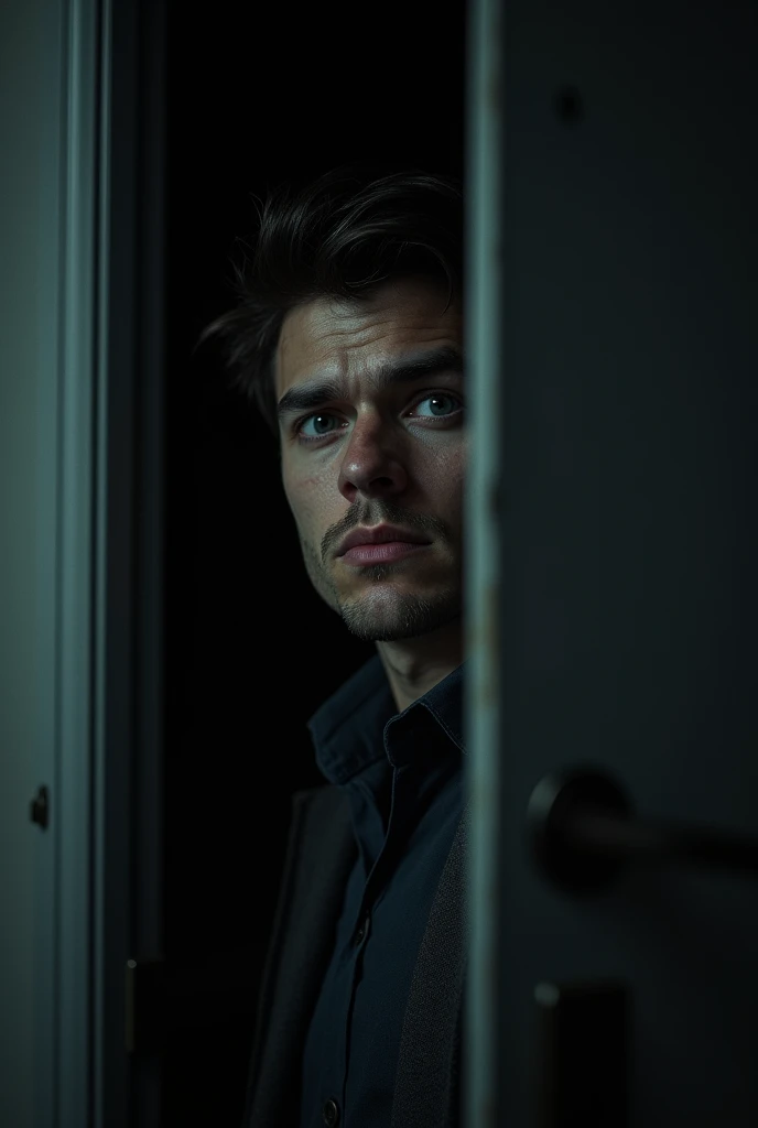 Close up of a young and cautious man standing up in front of  a dark living room door, nightmare 