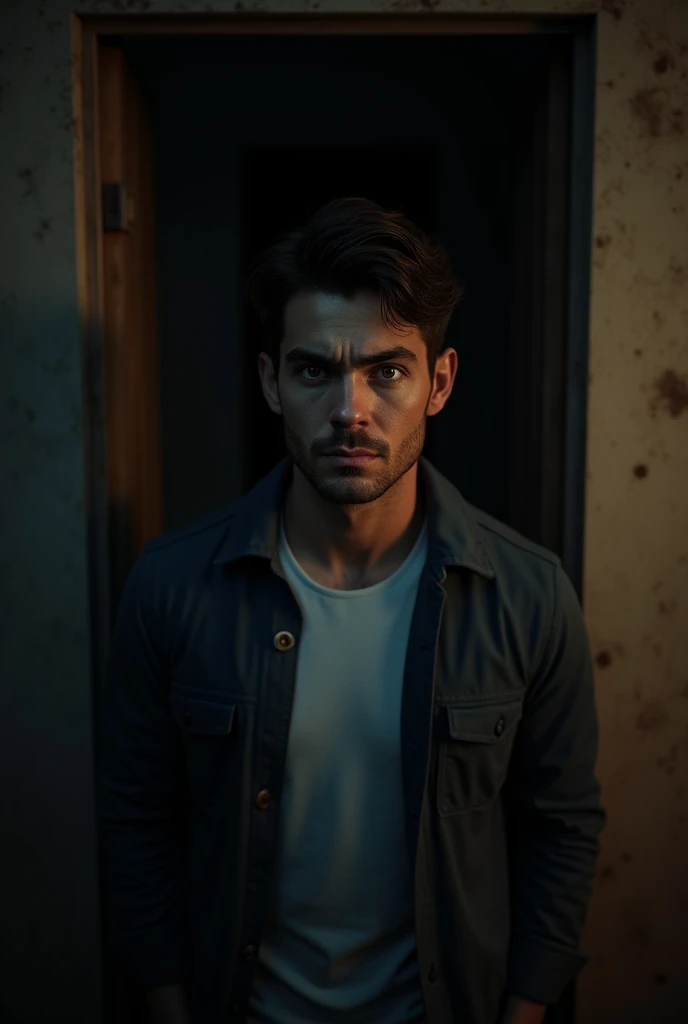 Close up of a young and cautious man standing up in front of a dark living room door, nightmare