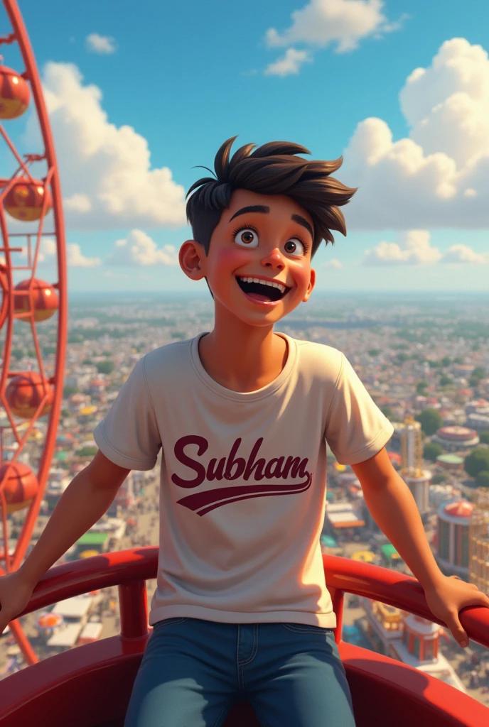 "A , wearing a casual t-shirt with the name 'SUBHAM' printed boldly on the front, is seated at the top of a giant Ferris wheel. The background shows a lively fairground below, with colorful lights and various attractions. The sky is clear, adding to the joyful atmosphere. The boy's expression is one of pure excitement and happiness as he looks out over the fair from his high vantage point."
