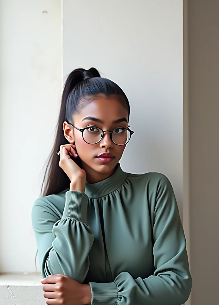 A dark brown skinned 23 years old girl with brown almond eyes & high ponytail hairstyle wearing sage green high neck blouse & simple spectacles, photorealistic, potrait 