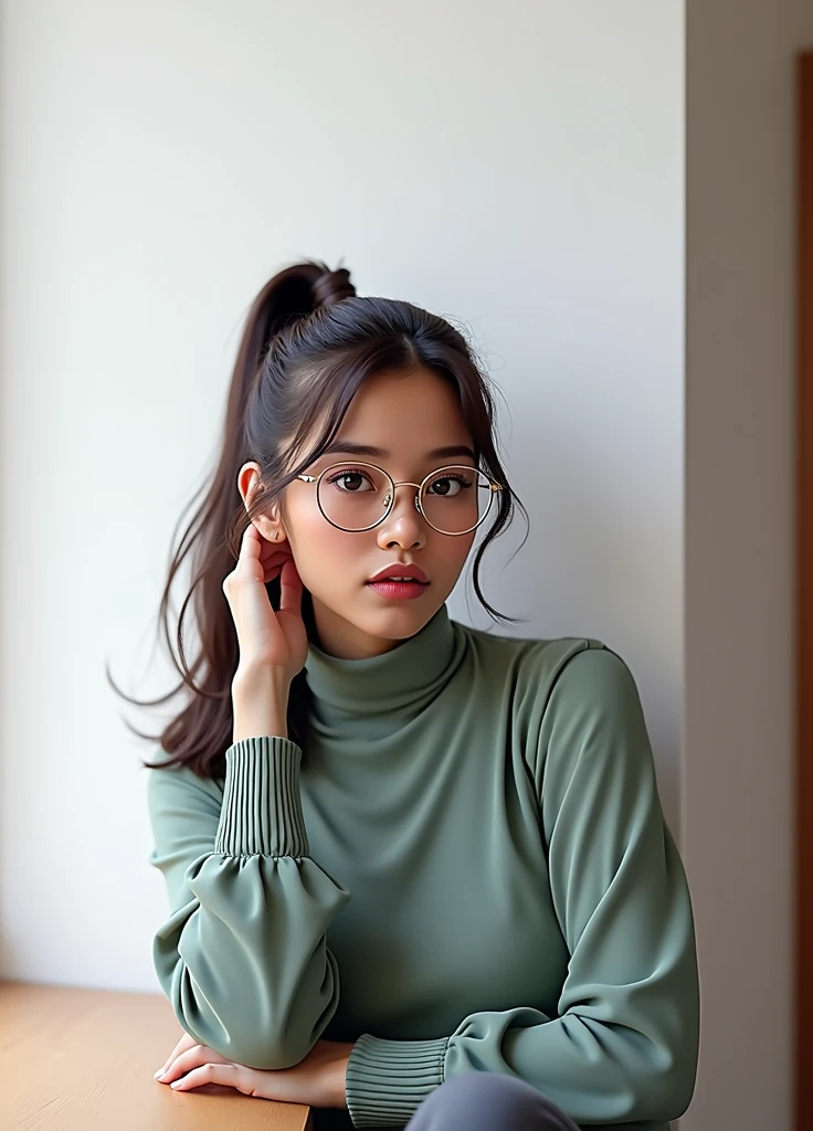 A dark brown skinned 23 years old girl with brown almond eyes & high ponytail hairstyle wearing sage green high neck blouse & simple spectacles, photorealistic, potrait
