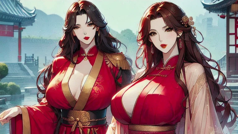 1 Woman, mature, High (1.85 cm), looks about 35 years old, has long black hair, straight and shiny, tied in the Chinese Taoist style, majestic black eyes, Extremely detailed eyes, perfect eyes, đôi mắt cực kỳ thực tế, balanced eyes, Long eyelashes, Anime style, perfect face, milf face, full red lips, mature, smooth white skin, natural body, sexy body, milf body, Perfect hands, detailed hands, arms in proportion to the body, đôi tay thực tế, arm with good anatomy, She was wearing only a red Chinese style dress decorated with gold and silver with phoenix motifs woven into the dress but still could not hide her extremely large and gigantic breasts., very big breasts, four hands can lift,breasts sag due to their size, thick thighs, wide hips, look at the viewer, The background is a Chinese-style pavilion., pose alone, look at the viewer.