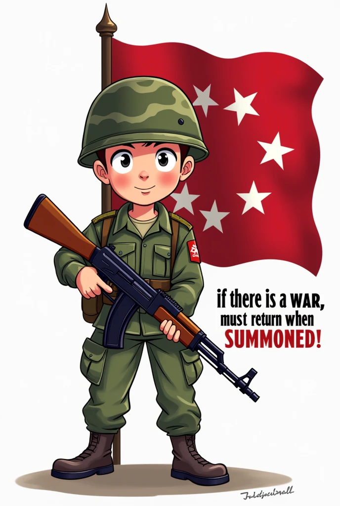 (The background is transparent)(There is a complete one)(On the left is the five-star red flag) (A cartoon character in camouflage military uniform holding an AK47 submachine gun in his right hand)(The theme is"If there is a war,Must return when summoned!",The font must be strong and powerful)(The whole picture looks very loving.)