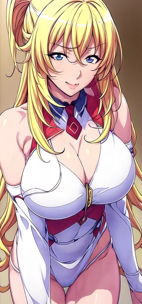 Simple white background,
Red and white uniform,just_shoulder,tie,No sleeve_shirt,
blonde_hair, (lightblue eyes),hair_between_eye,length_hair,前hair,
1 person, 20-year-old,young woman,beautiful Finger,beautiful length legs,beautiful body,beautiful Nose,beautiful character design, perfect eye, perfect face,expressive eye,Perfect balance,
View your viewers,(Focus on her face),Mouth closed, (Innocent_big_eye:1.0),(Light_笑face:0.3),
Official Art,Very detailed CG ユニティ 8k 壁紙, Perfect lighting,colorful, bright_front_face_Lighting,White skin,
(masterpiece:1.0),(Highest_quality:1.0), 超High resolution,4K,Very detailed,
photograph, 8k, High resolution, High resolution, Absurd:1.2, 400 for Kodak Port, Film Grain, Blurred Background, Bokeh:1.2, Lens flare, (Vibrant_color:1.2),プロのphotograph,
(beautiful,big_chest:1.4), (beautiful_face:1.5),(narrow_Waist),(cowboy shot),seductive smile,(perfect anatomy),cleavage_cutout,((highly detailed beautiful face)),(比基尼), ((slender body, slim arms, huge boobs)),(high ponytail)