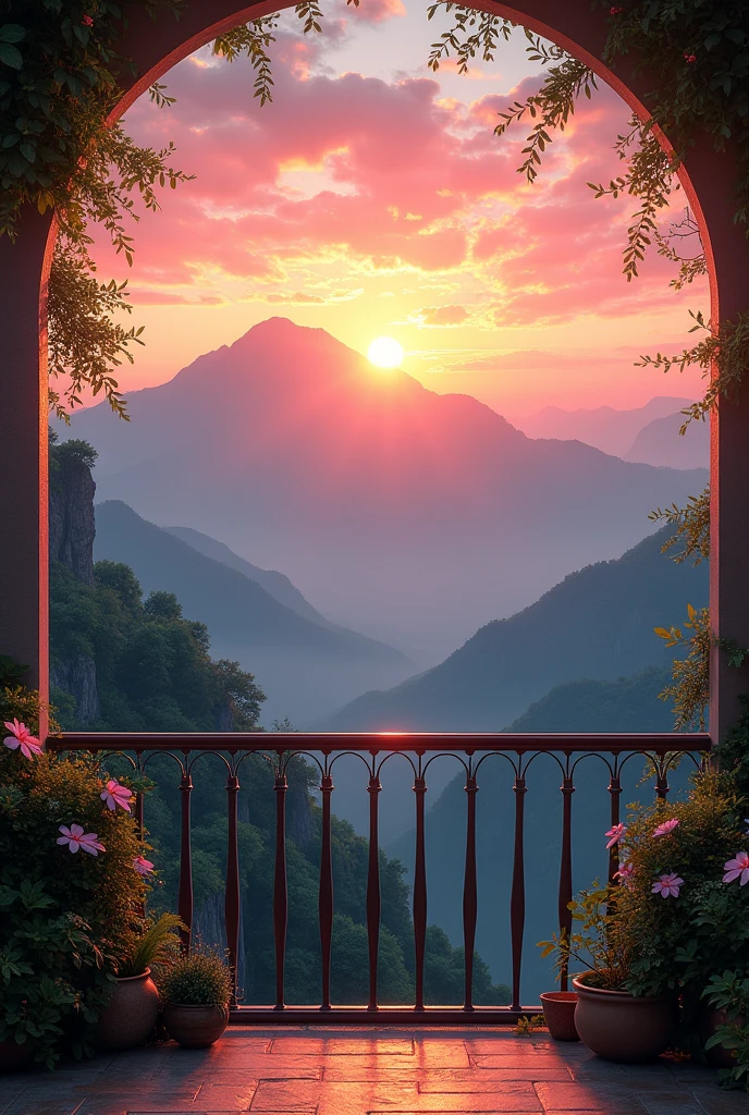 Beautiful balcony view of sunrise green  mountain 
hyperreal