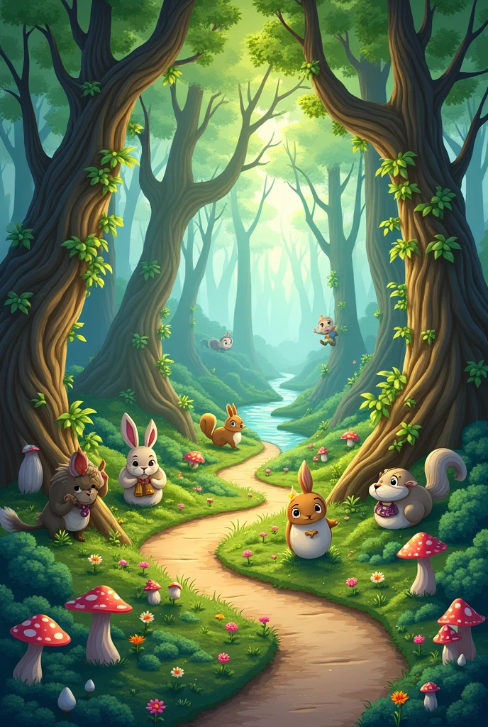 A magical forest with a long path, cartoons