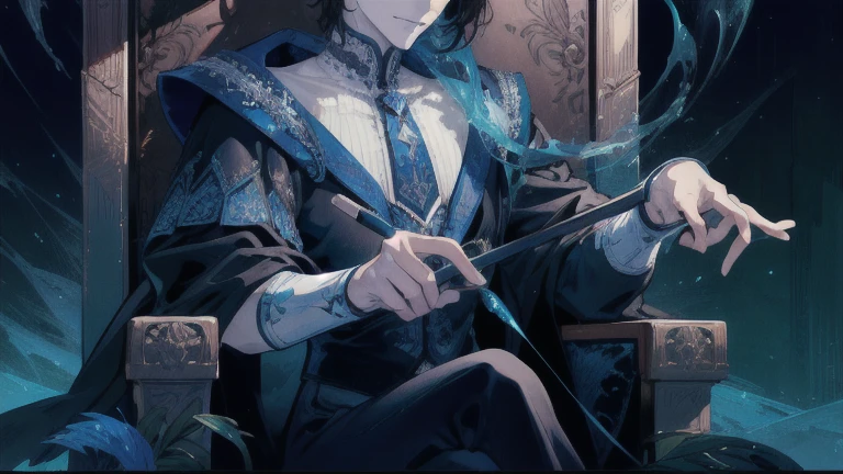 (Absurd, High resolution, Super detailed), 1 male, Adult, good looking, Tall and muscular man, Broad shoulders, Detailed drawn eyes, Dark Hair, Fantasy, Complex patterns, Detailed face, Throne, Magical Effects, The optimal ratio is four fingers to one thumb, ice, intense cold, Cold wave, smile, (Dutch Angle), Mouth closed