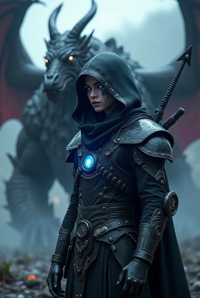 standing near a dragon is a gorgeous anime 3d Half elf rogue male thai model with a black and deep blue glowing hood outfit, highly detailed steampunk, eterochrome blue eyes, scars on the cheek Cyber eyes dark elf fighting a huge elven saddled armored dragon, dark demonic environment, highly detailed, unreal engine 5, battle field standing