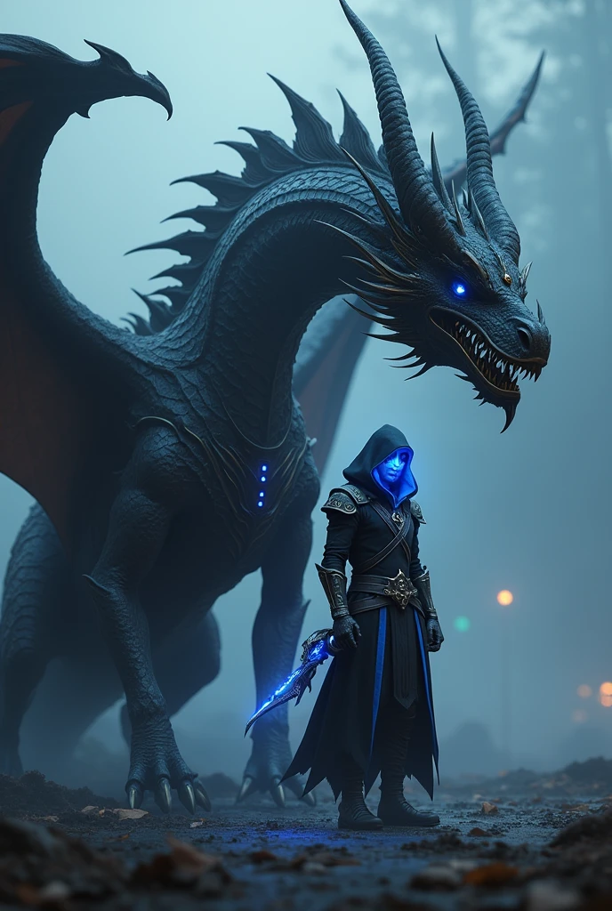 standing near a dragon is a gorgeous anime 3d Half elf rogue male thai model with a black and deep blue glowing hood outfit, highly detailed steampunk, eterochrome blue eyes, scars on the cheek Cyber eyes dark elf fighting a huge elven saddled armored dragon, dark demonic environment, highly detailed, unreal engine 5, battle field standing