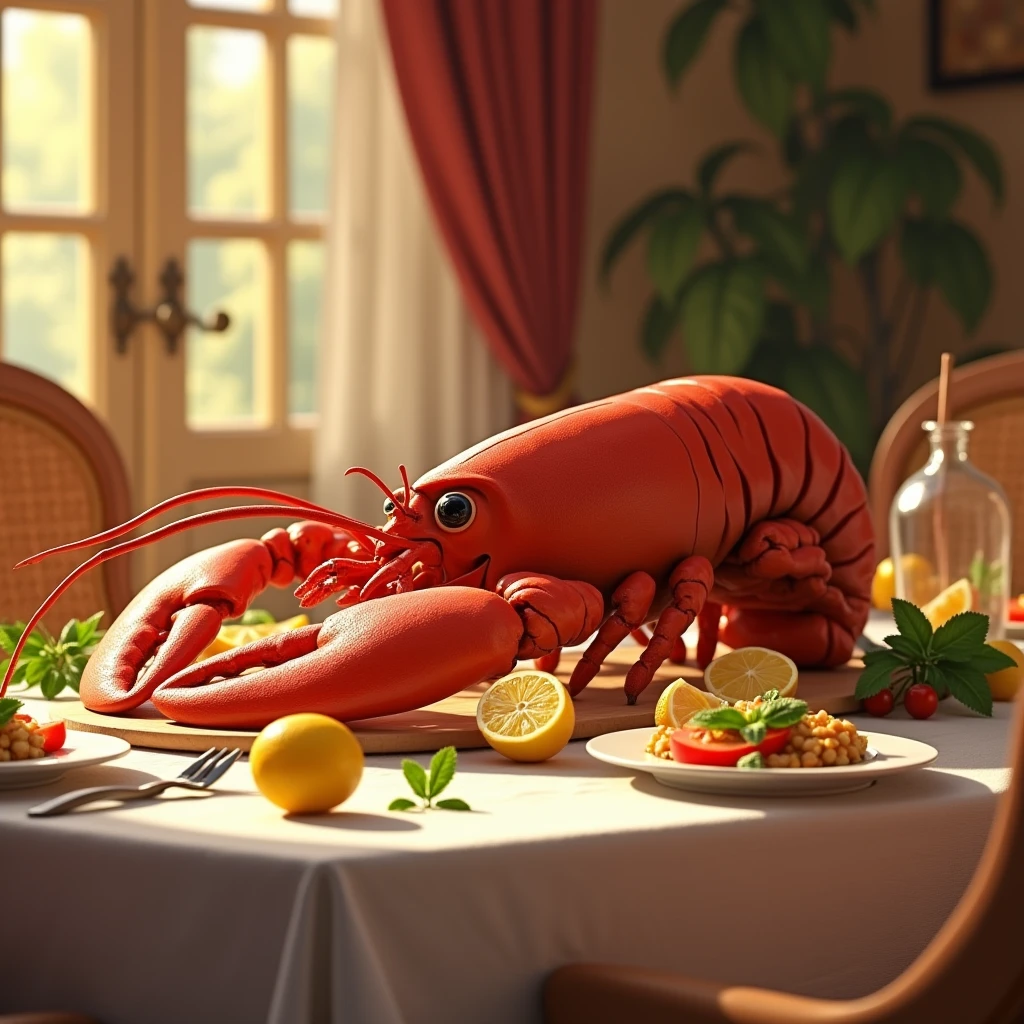 Dining room，Seafood dinner，Large lobster，lemon，basil leaves，mint，tomato，Disney style