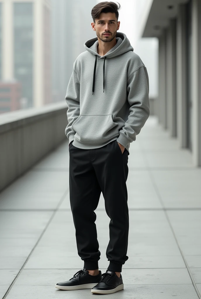 a man wearing a grey hoodie with black trousers with black sneakers